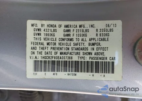 2014 Honda Accord Ex-L from USA, damaged, VIN 1HGCR2F80EA007366